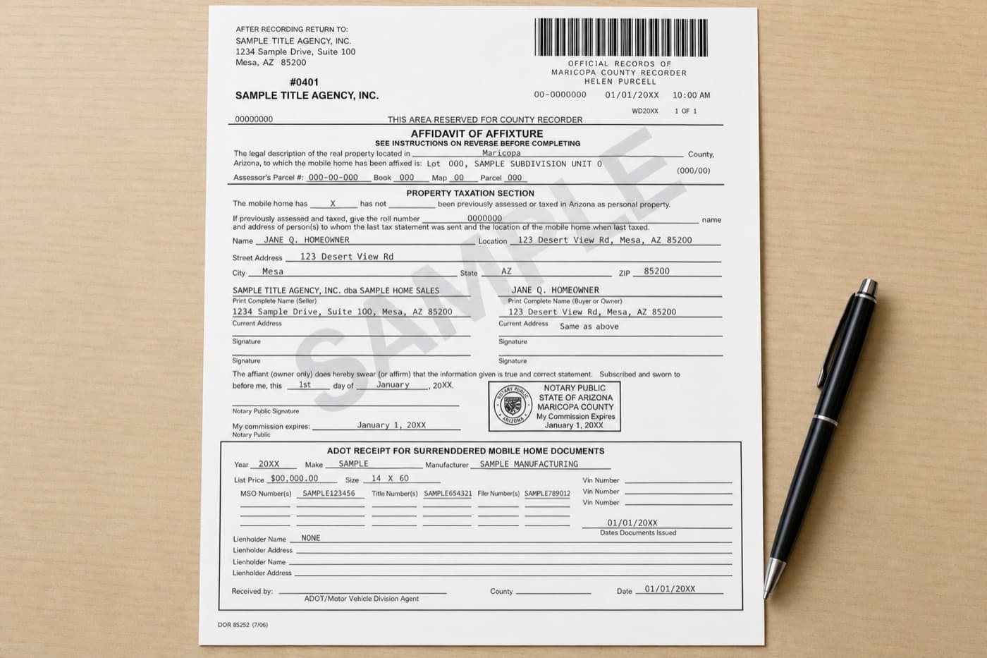 A sample Arizona affidavit of affixture form with placeholder data, on a desk with a pen
