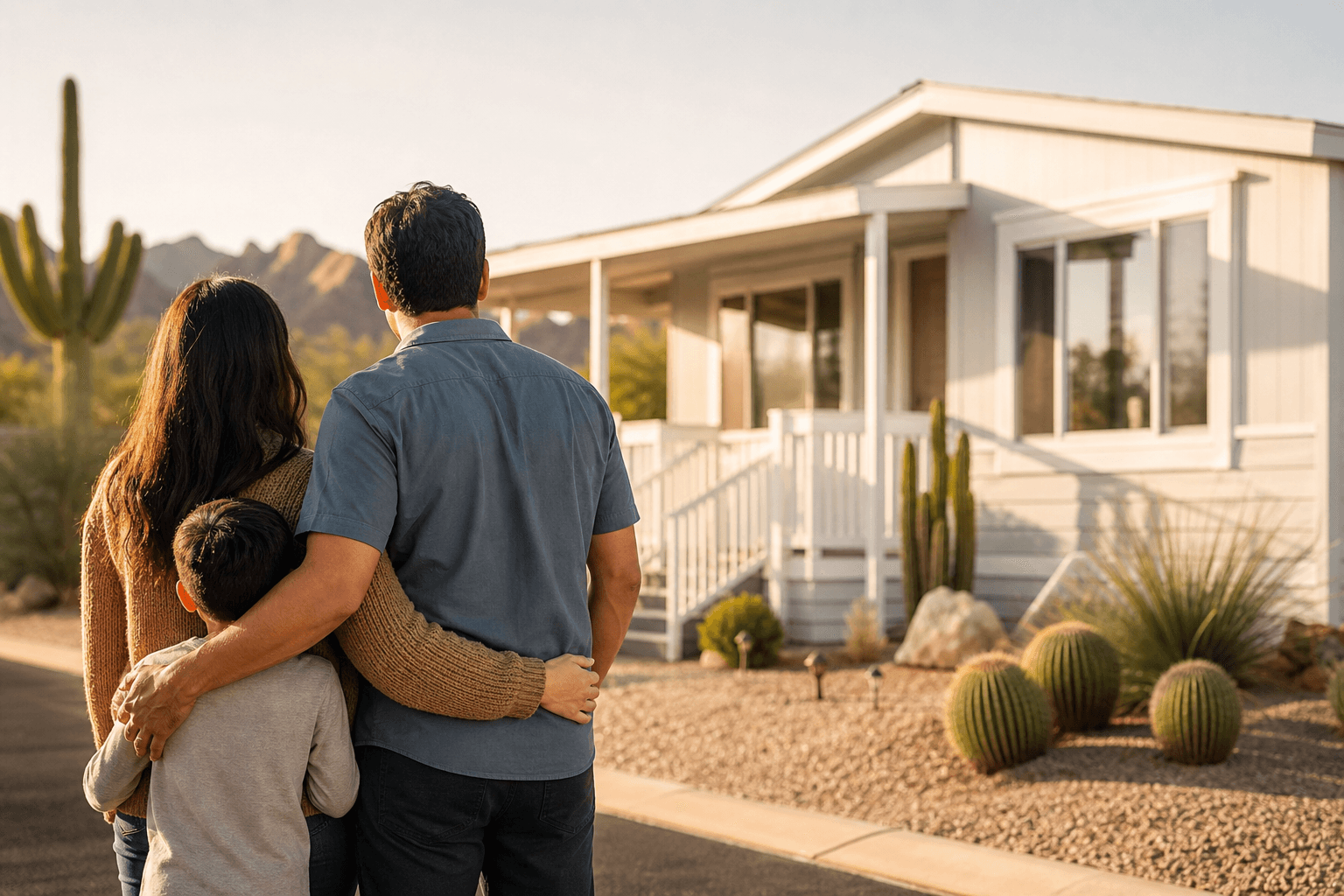 An Arizona family looking at their manufactured home on its own lot